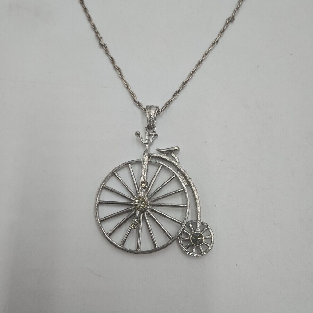 Vintage Moving Big Wheel Bicycle BJ Pendant Silver-Tone Rhinestone Necklace